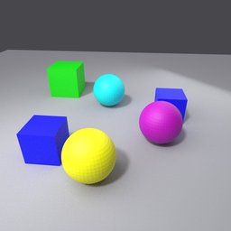 Synthetic scene of colored spheres and cubes